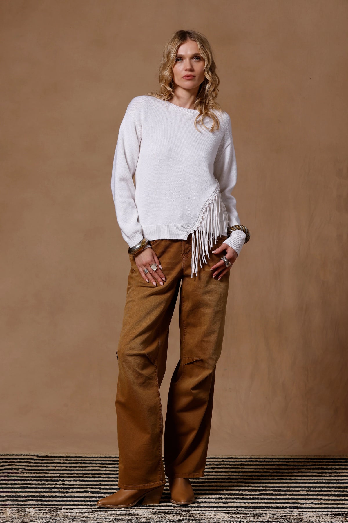 minnie rose fringe trim crew white