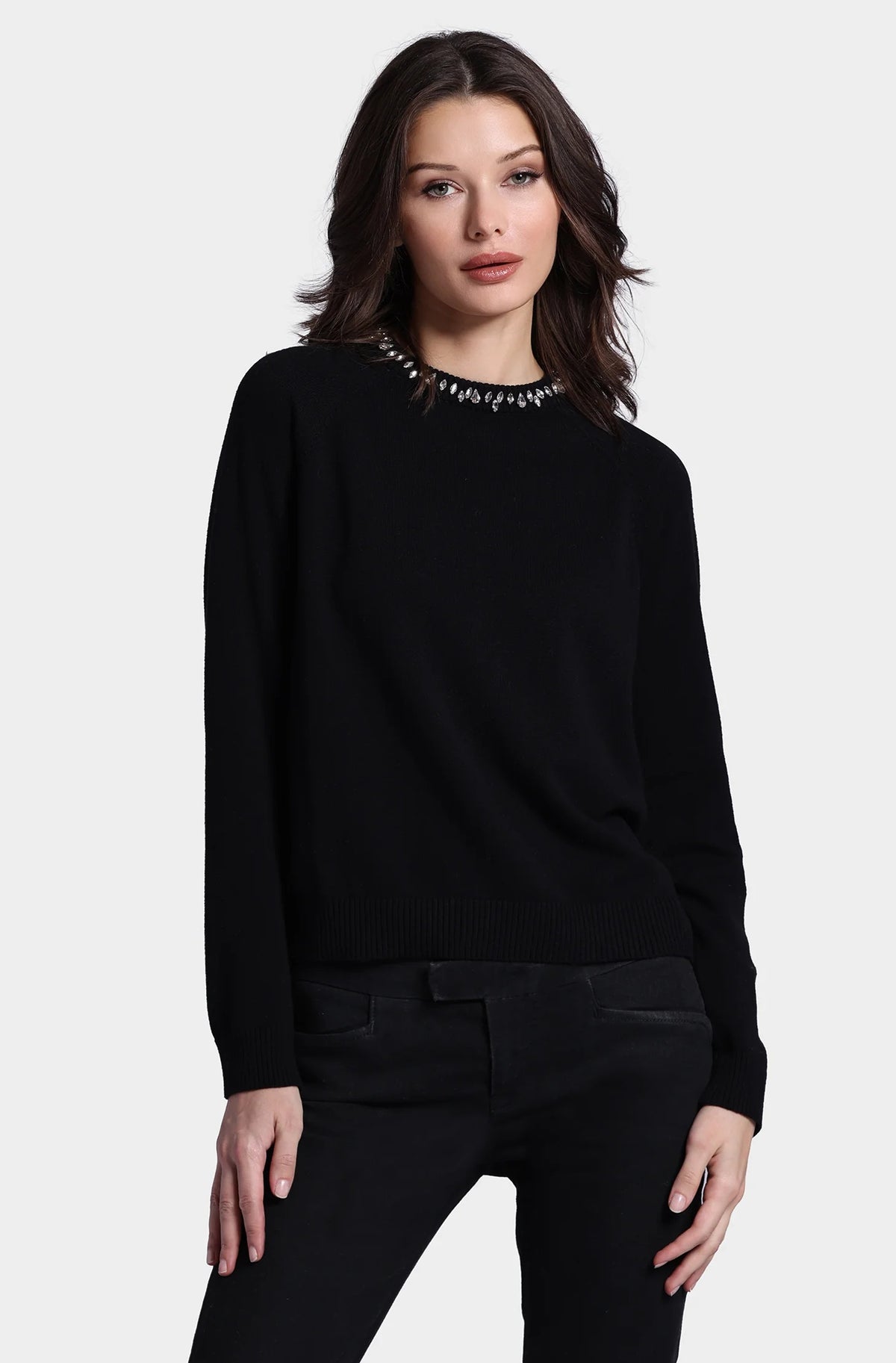 minnie rose jewel neck crew black