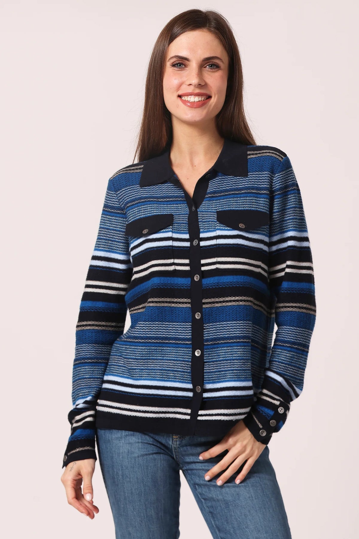 minnie rose novelty stripe camp shirt navy combo