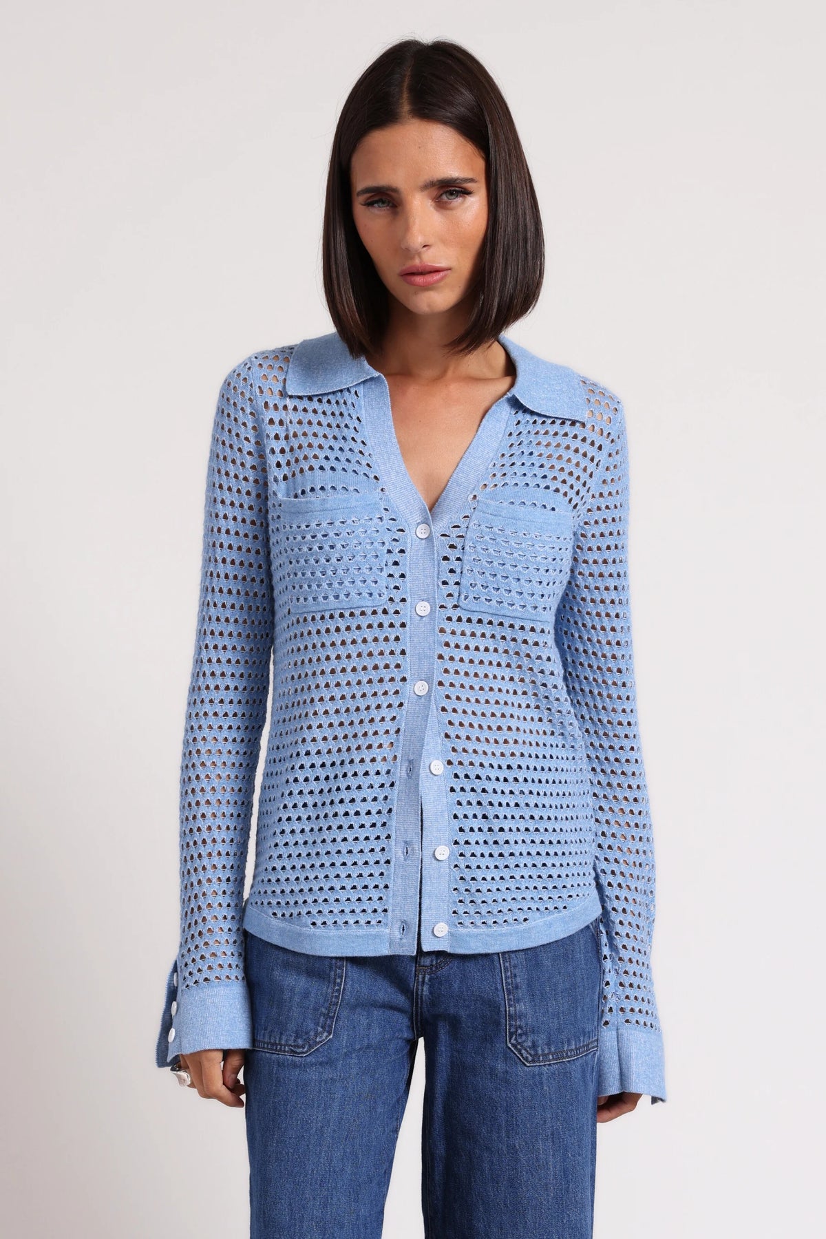 minnie rose plaited mesh button down cameo blue