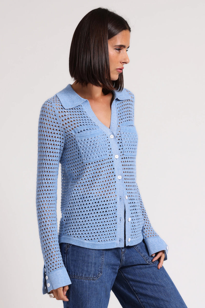 minnie rose plaited mesh button down cameo blue