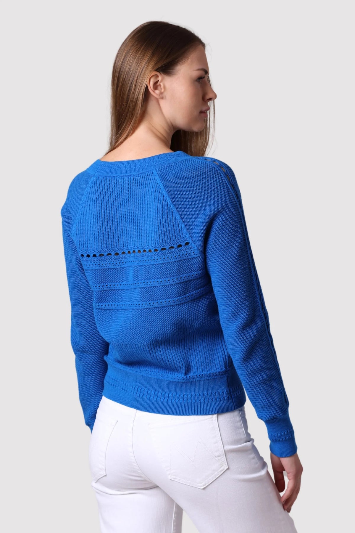 minnie rose pointelle mix v-neck cardi bayou blue