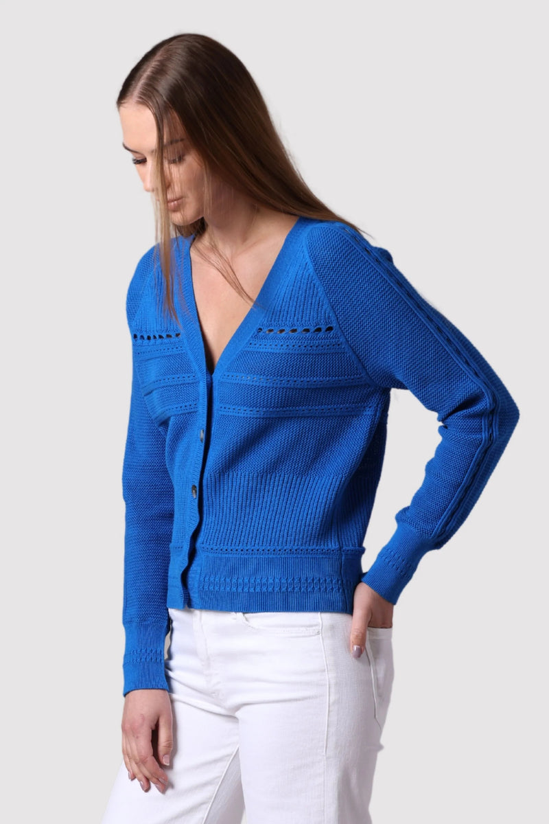 minnie rose pointelle mix v-neck cardi bayou blue