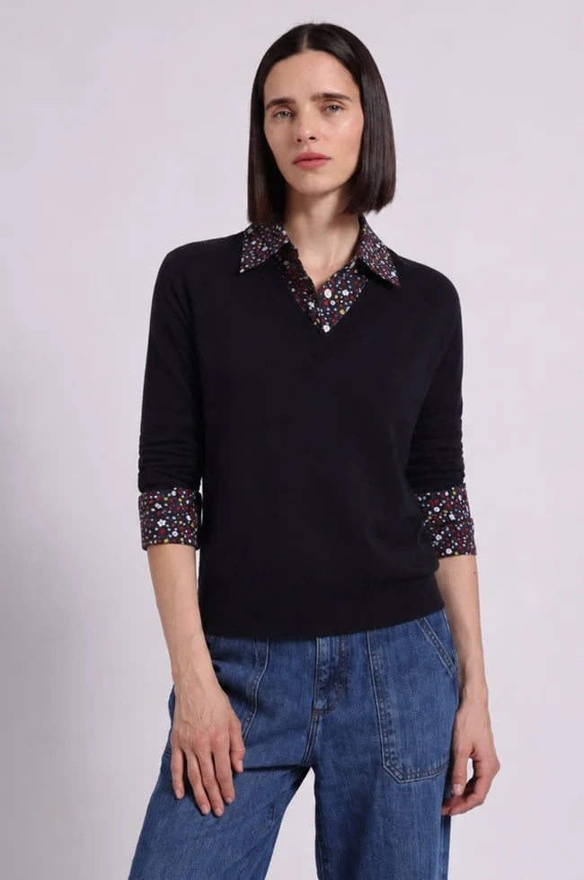 minnie rose polo with floral collar navy