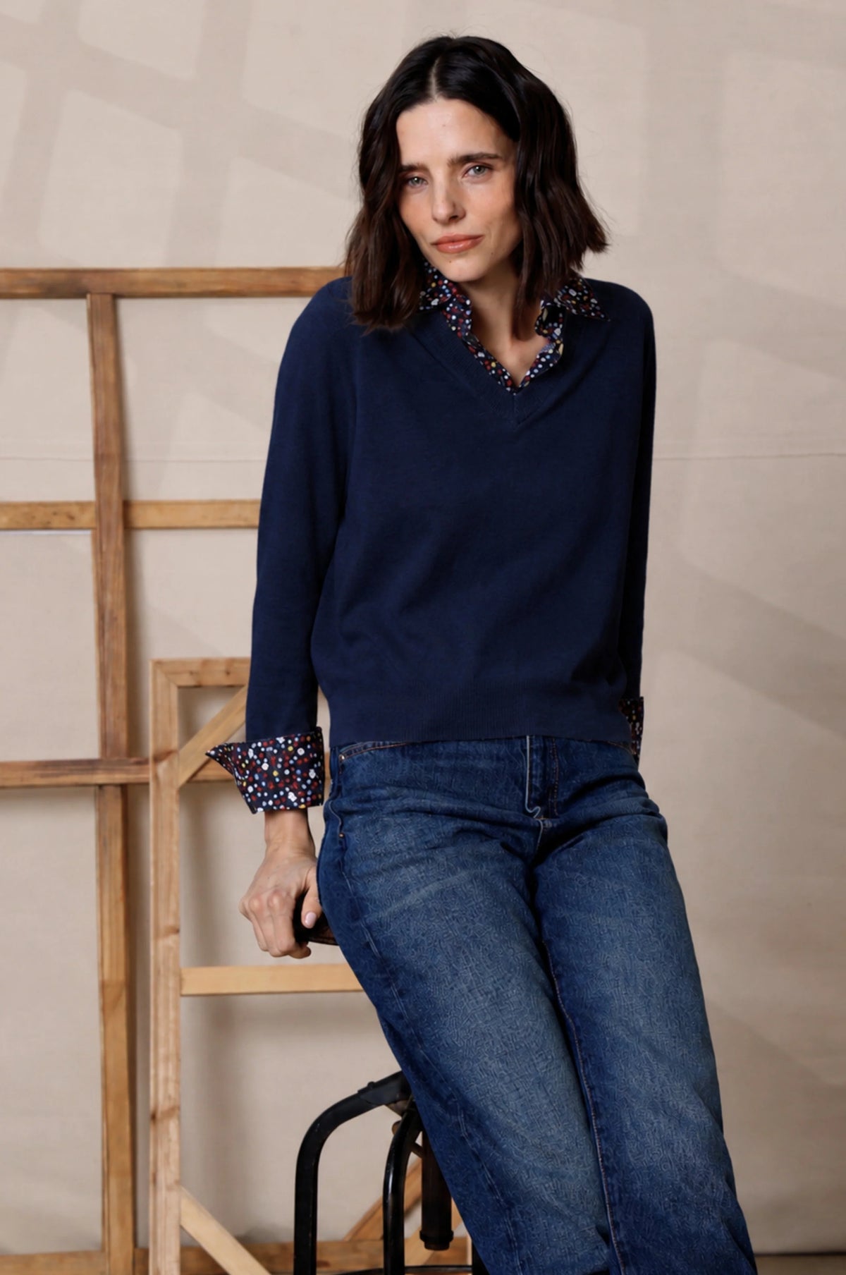 minnie rose polo with floral collar navy