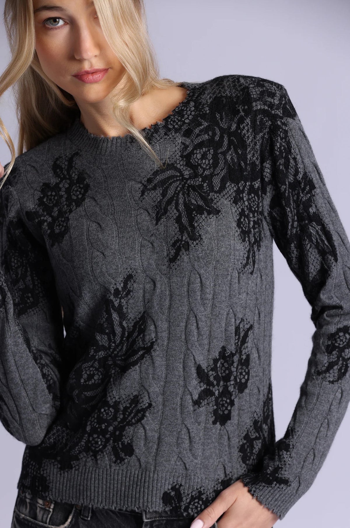 minnie rose printed lace cable crew charcoal heather grey
