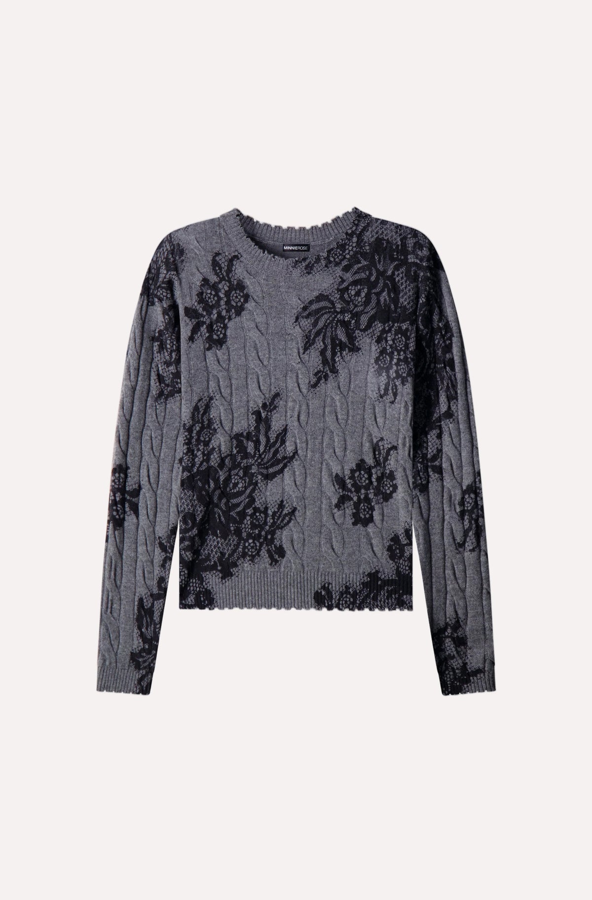 minnie rose printed lace cable crew charcoal heather grey