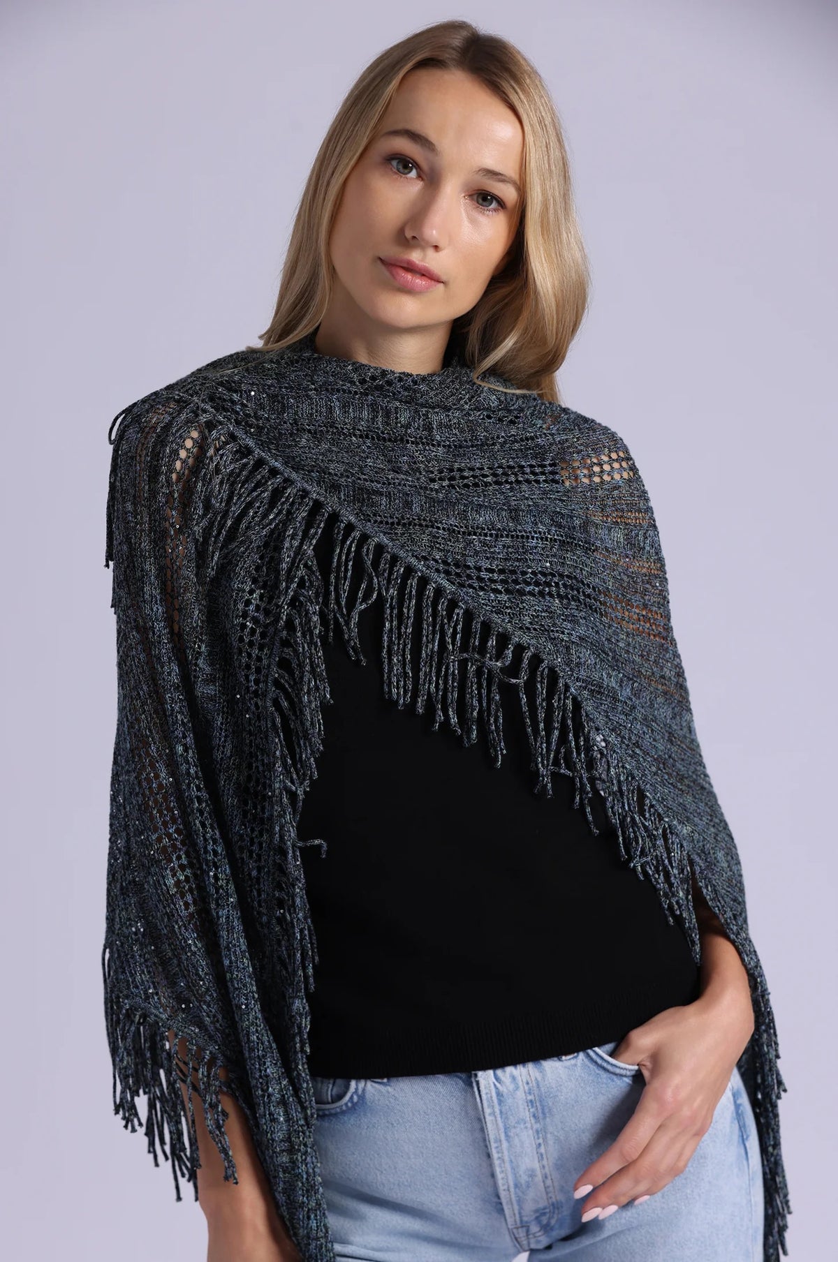 minnie rose sequin pointelle fringe shawl moonlight