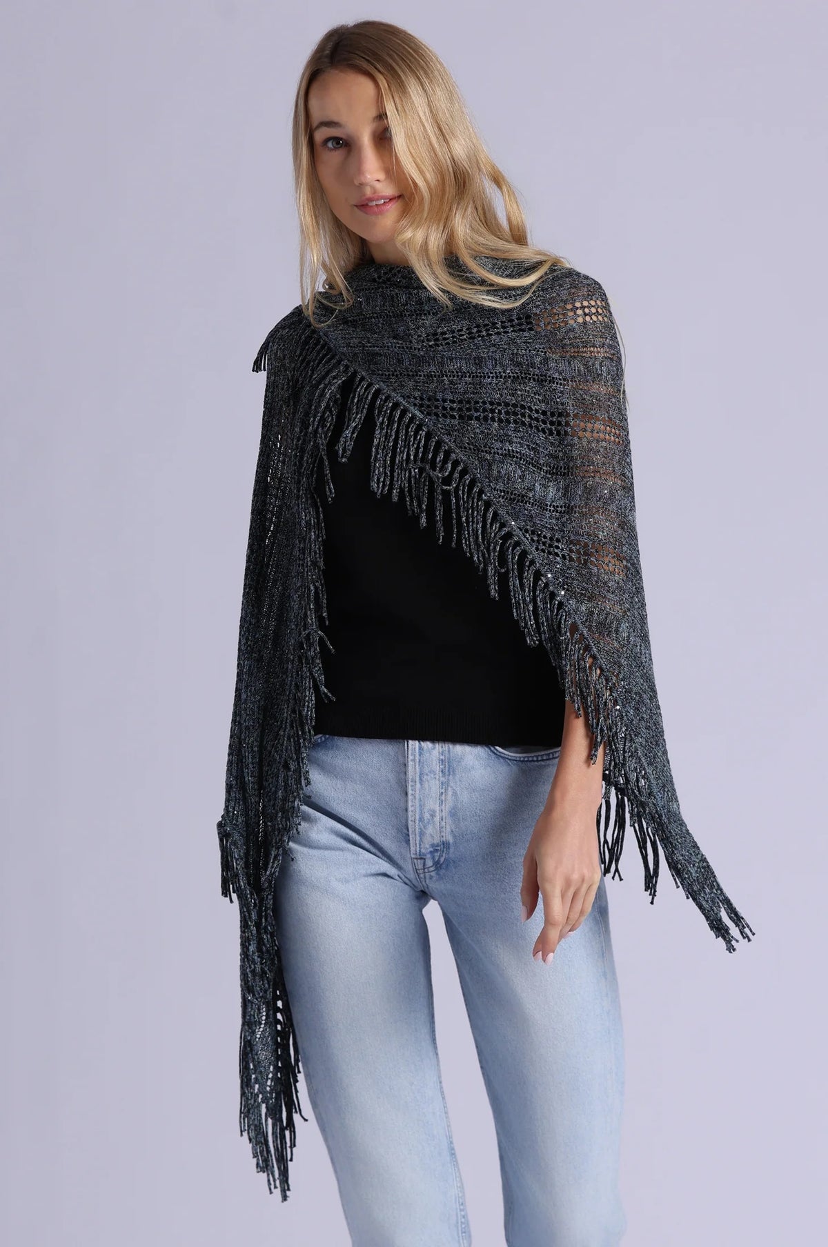 minnie rose sequin pointelle fringe shawl moonlight