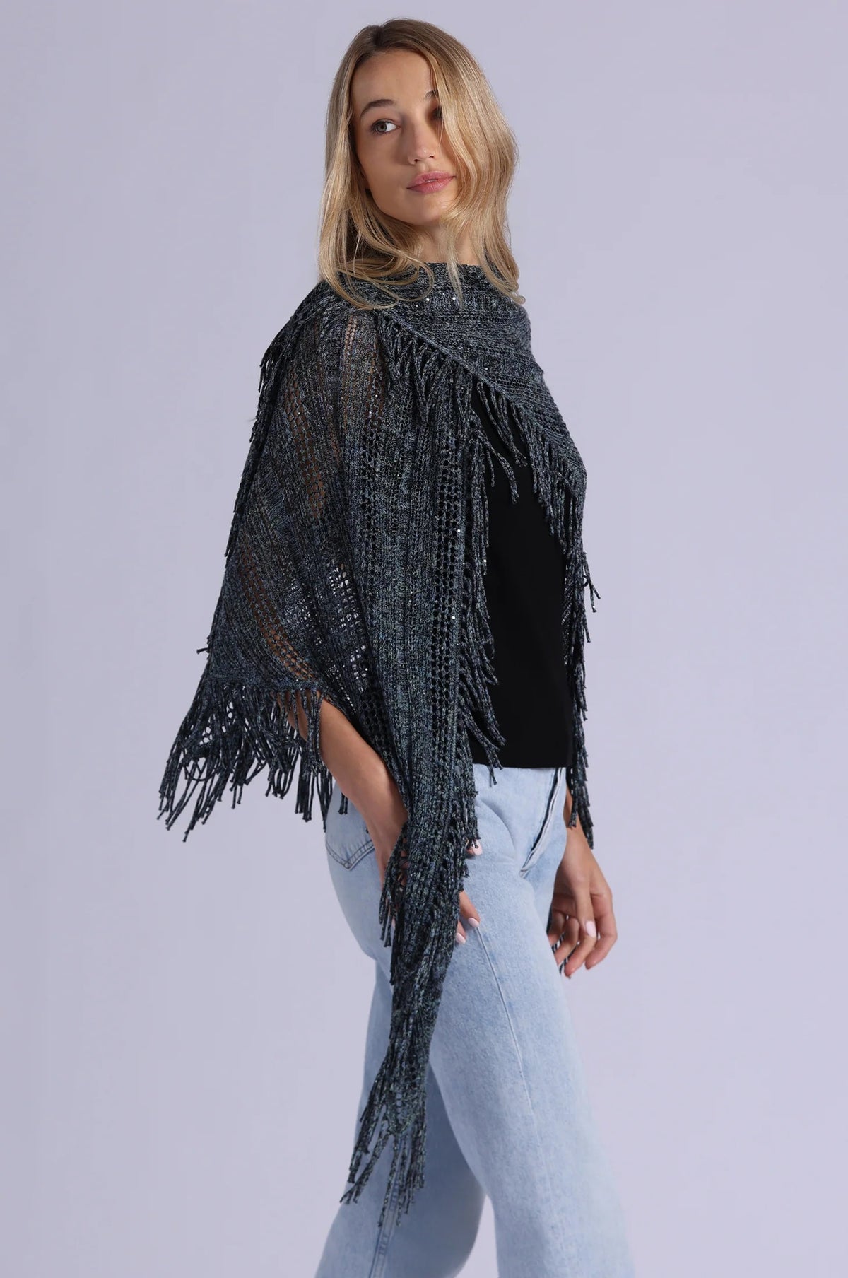 minnie rose sequin pointelle fringe shawl moonlight