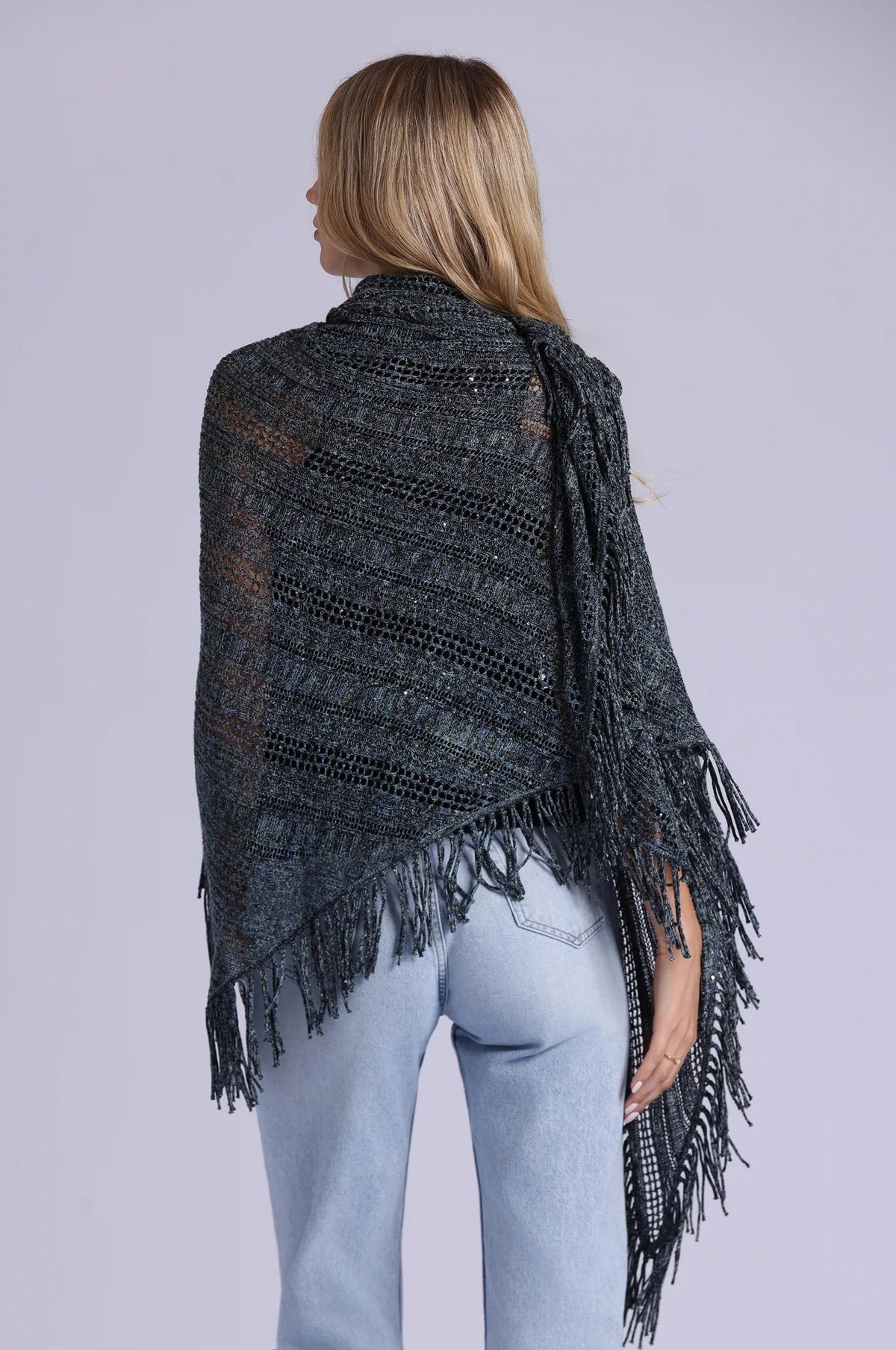 minnie rose sequin pointelle fringe shawl moonlight
