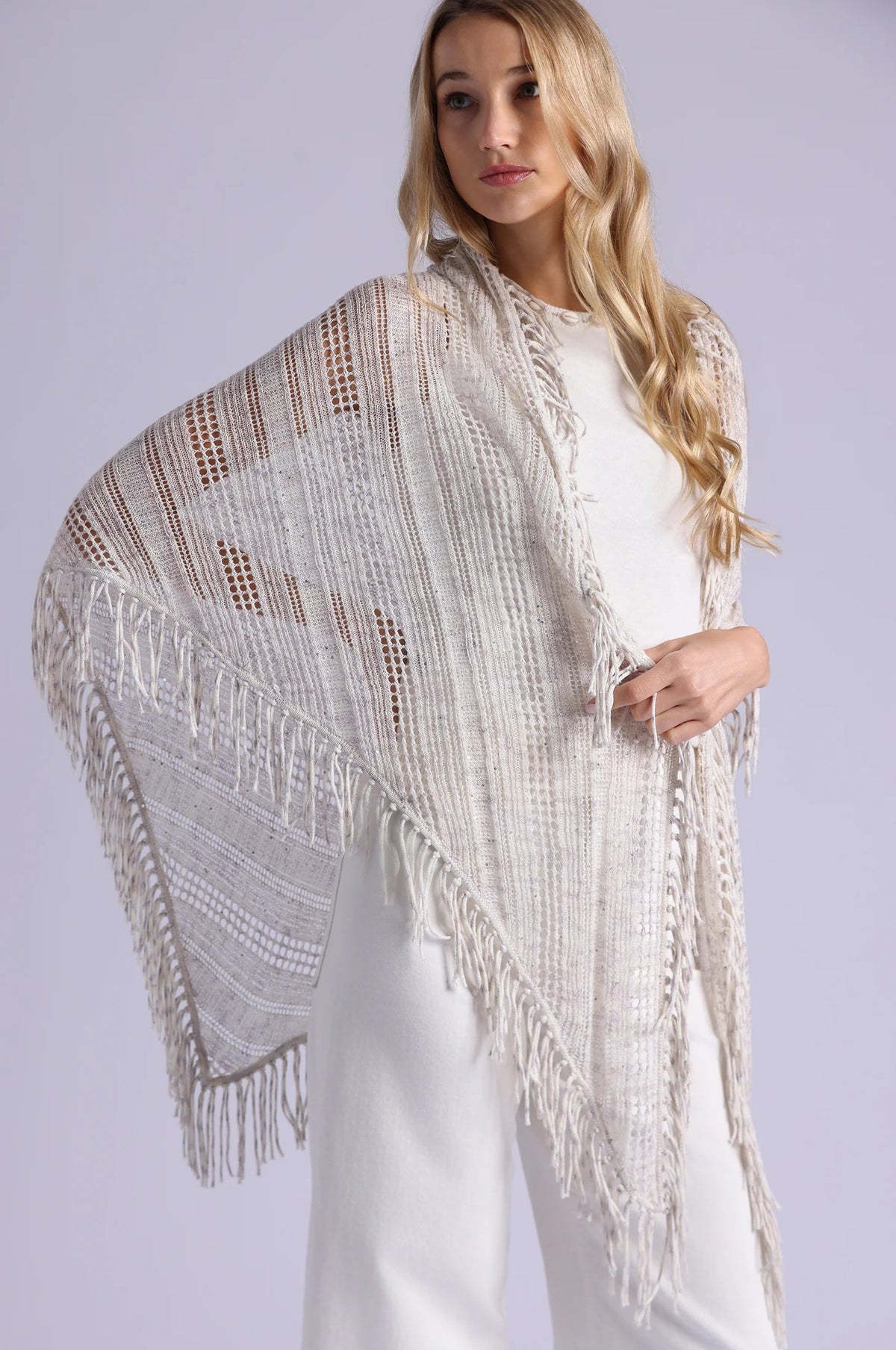 minnie rose sequin pointelle fringe shawl sand