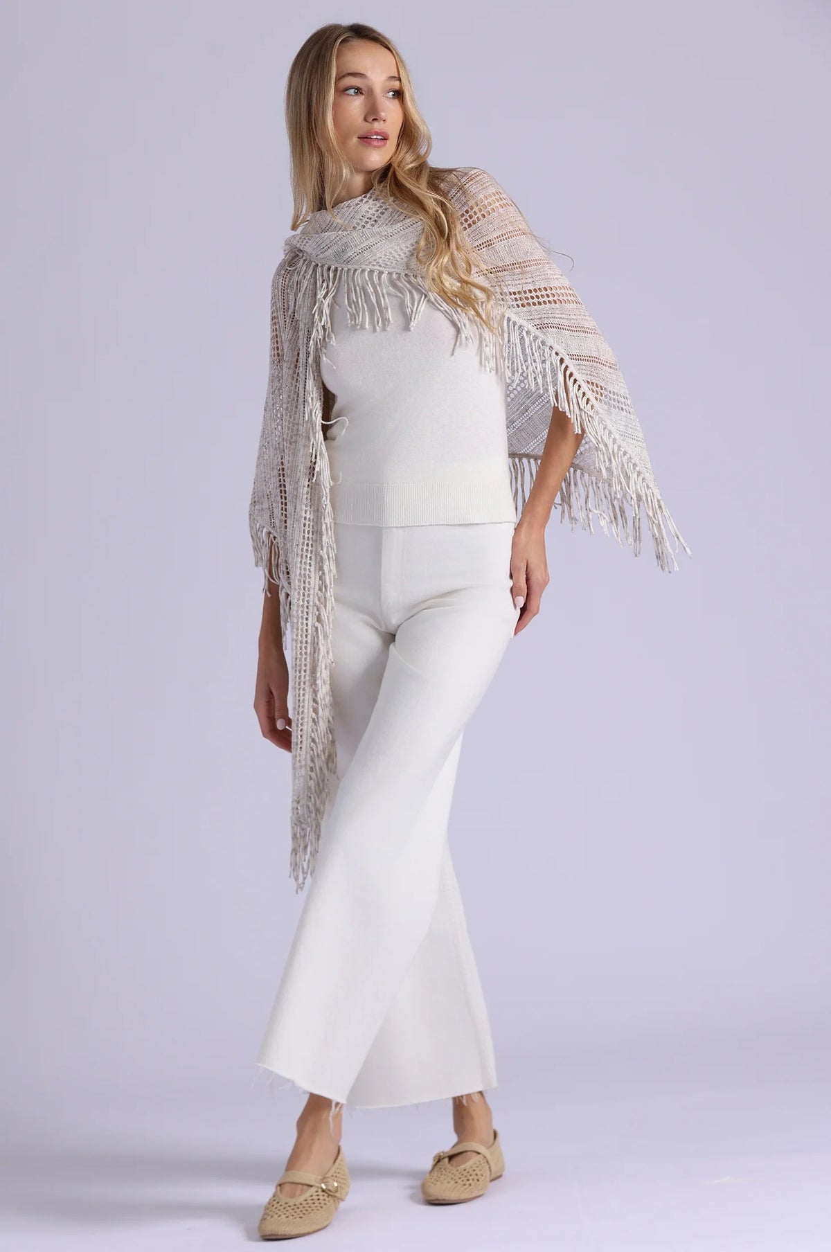 minnie rose sequin pointelle fringe shawl sand
