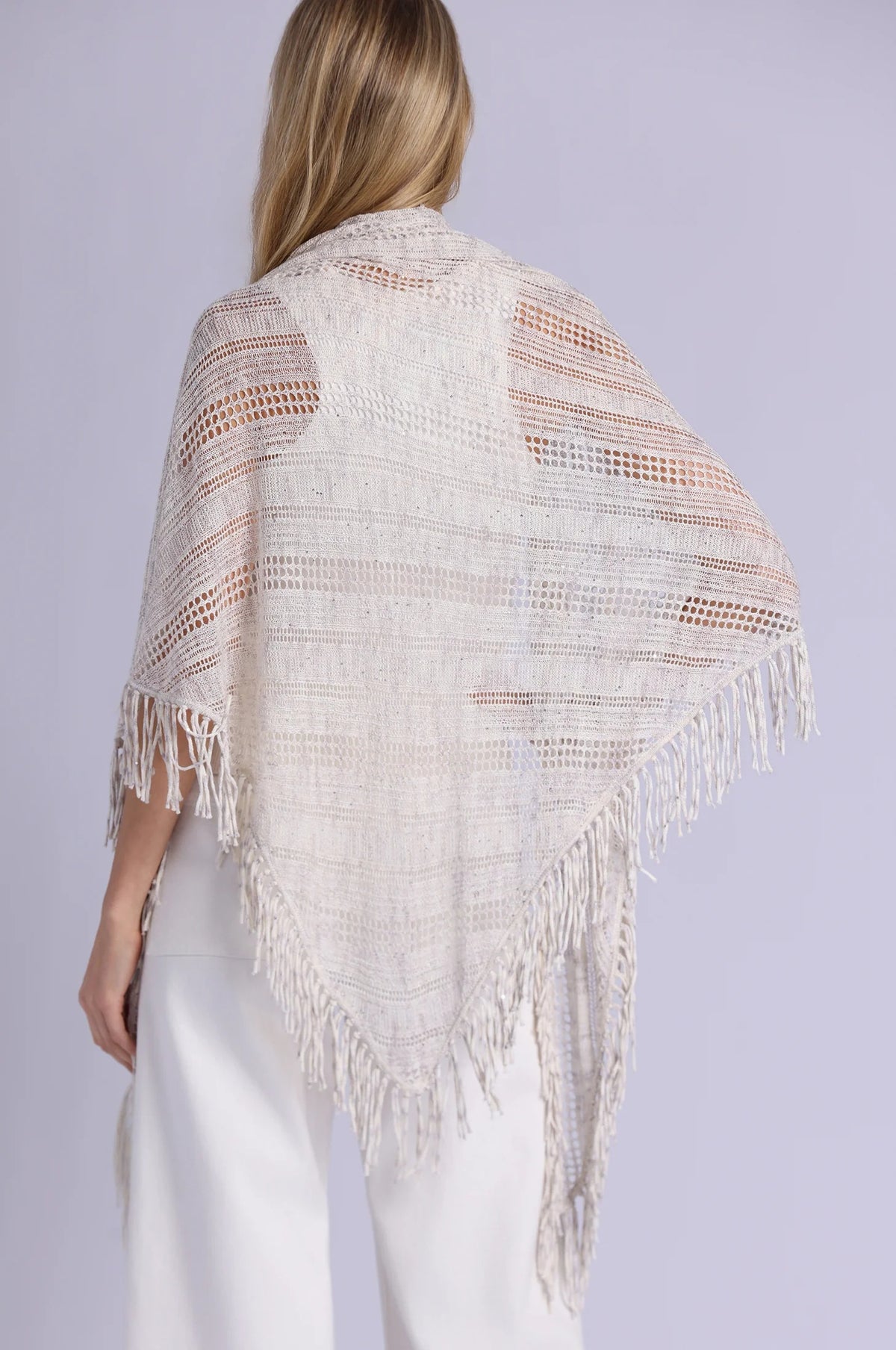 minnie rose sequin pointelle fringe shawl sand