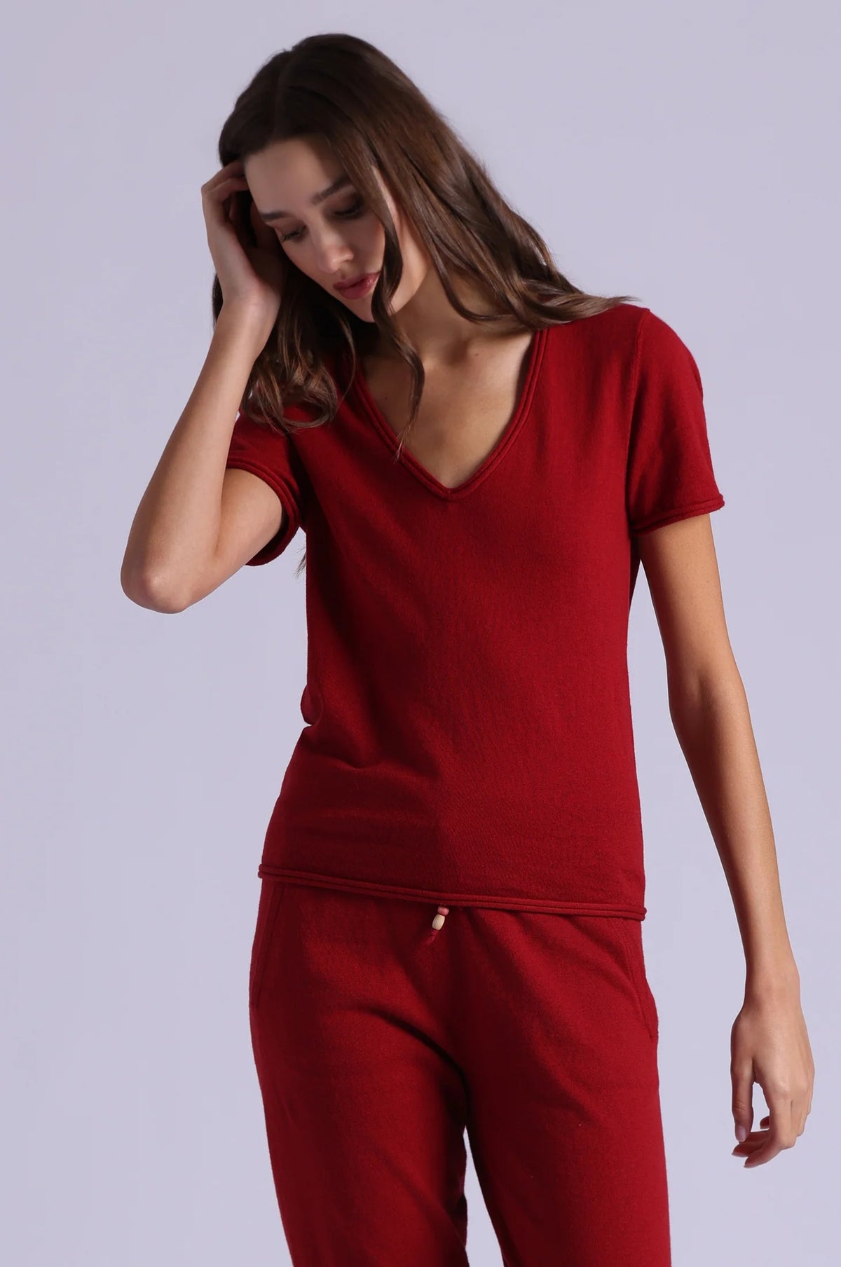minnie rose short sleeve v with rolled edges spice red