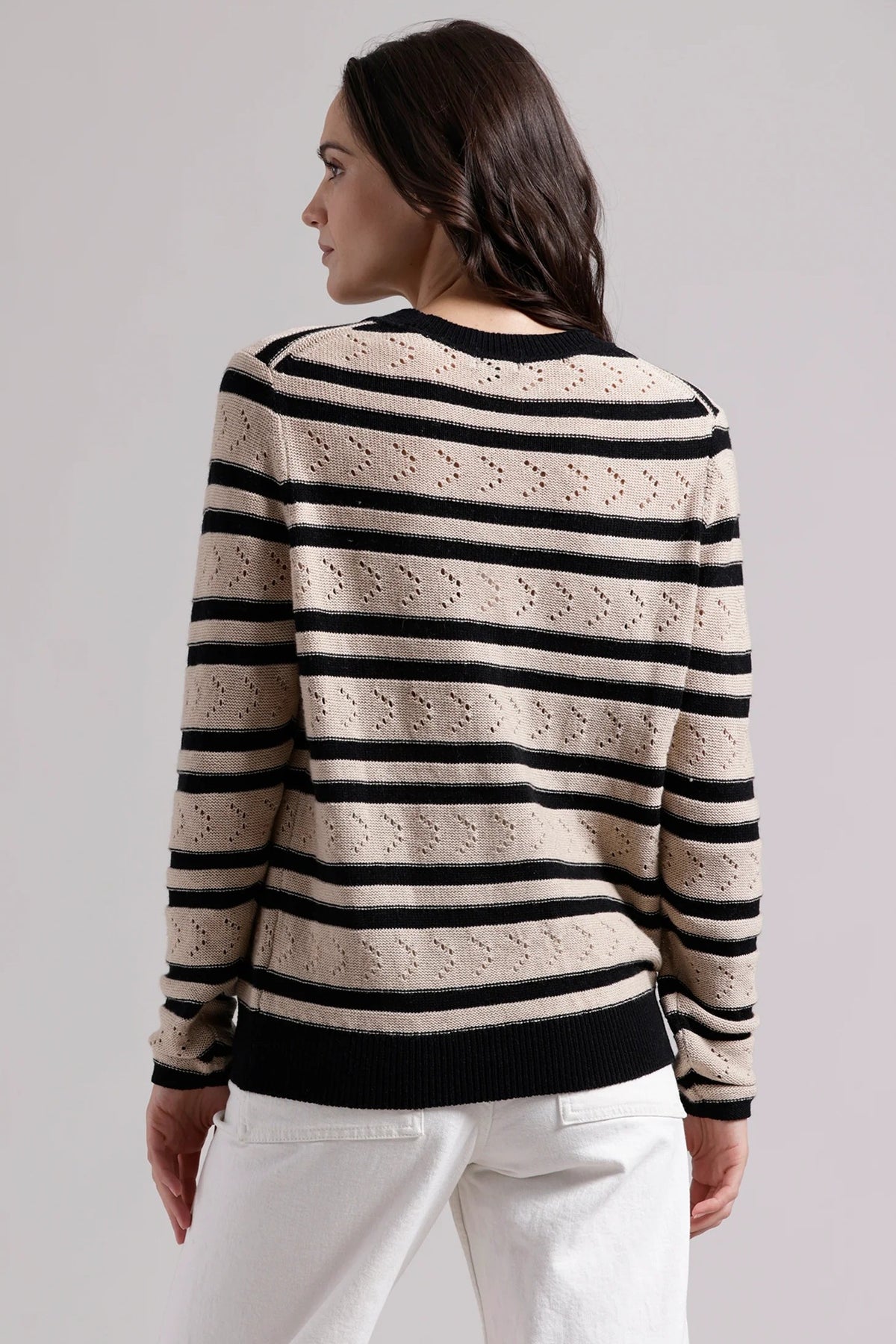 minnie rose cotton cashmere striped pointelle cardi black brown sugar