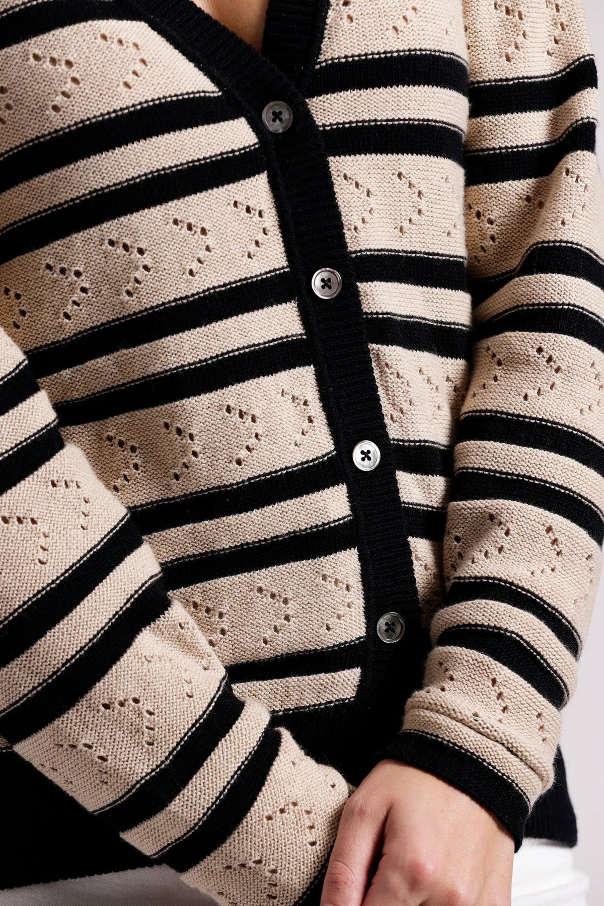 minnie rose cotton cashmere striped pointelle cardi black brown sugar