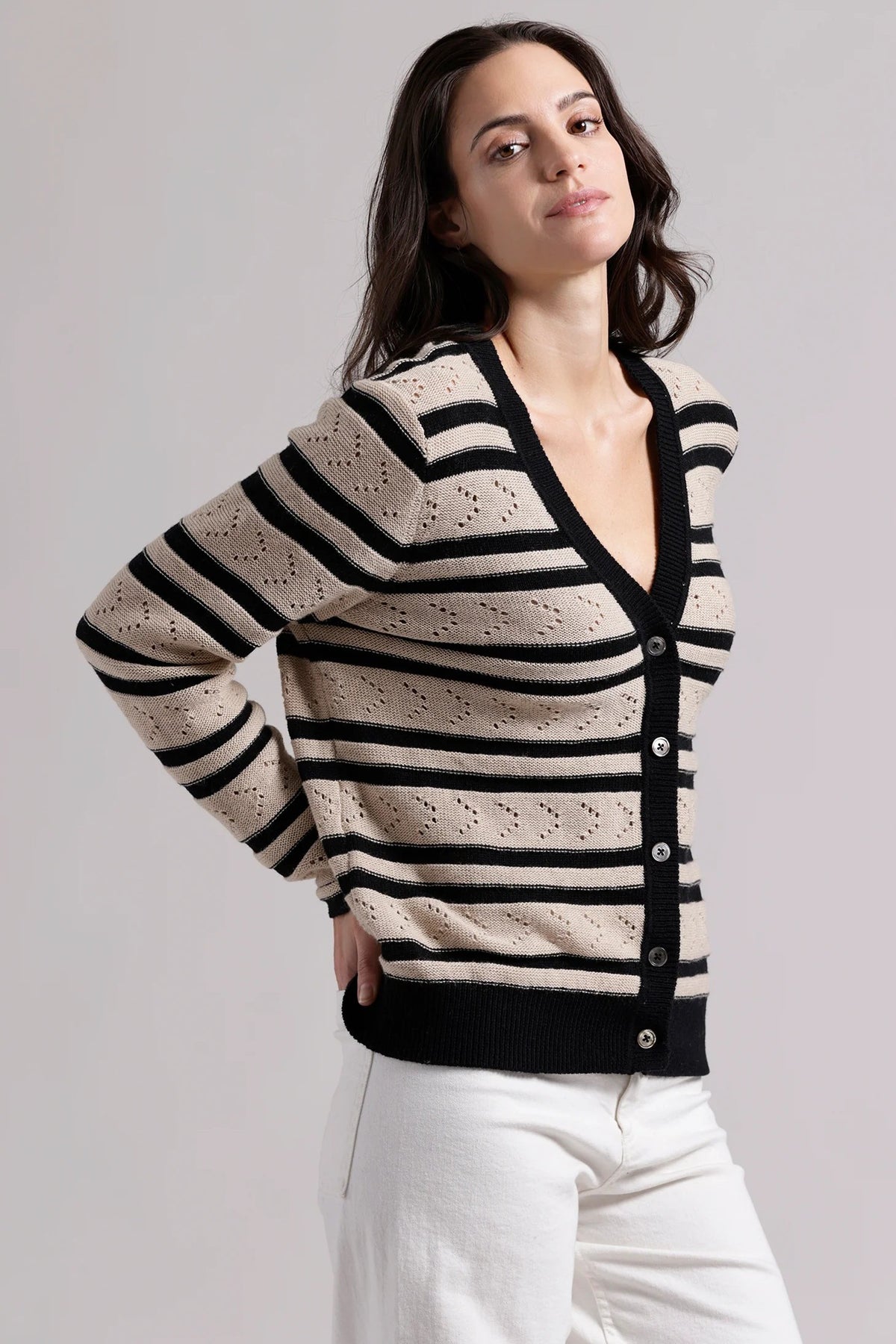 minnie rose cotton cashmere striped pointelle cardi black brown sugar