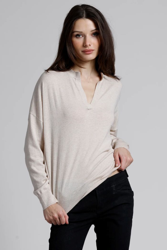 minnie rose supima cotton cashmere split neck top brown sugar 