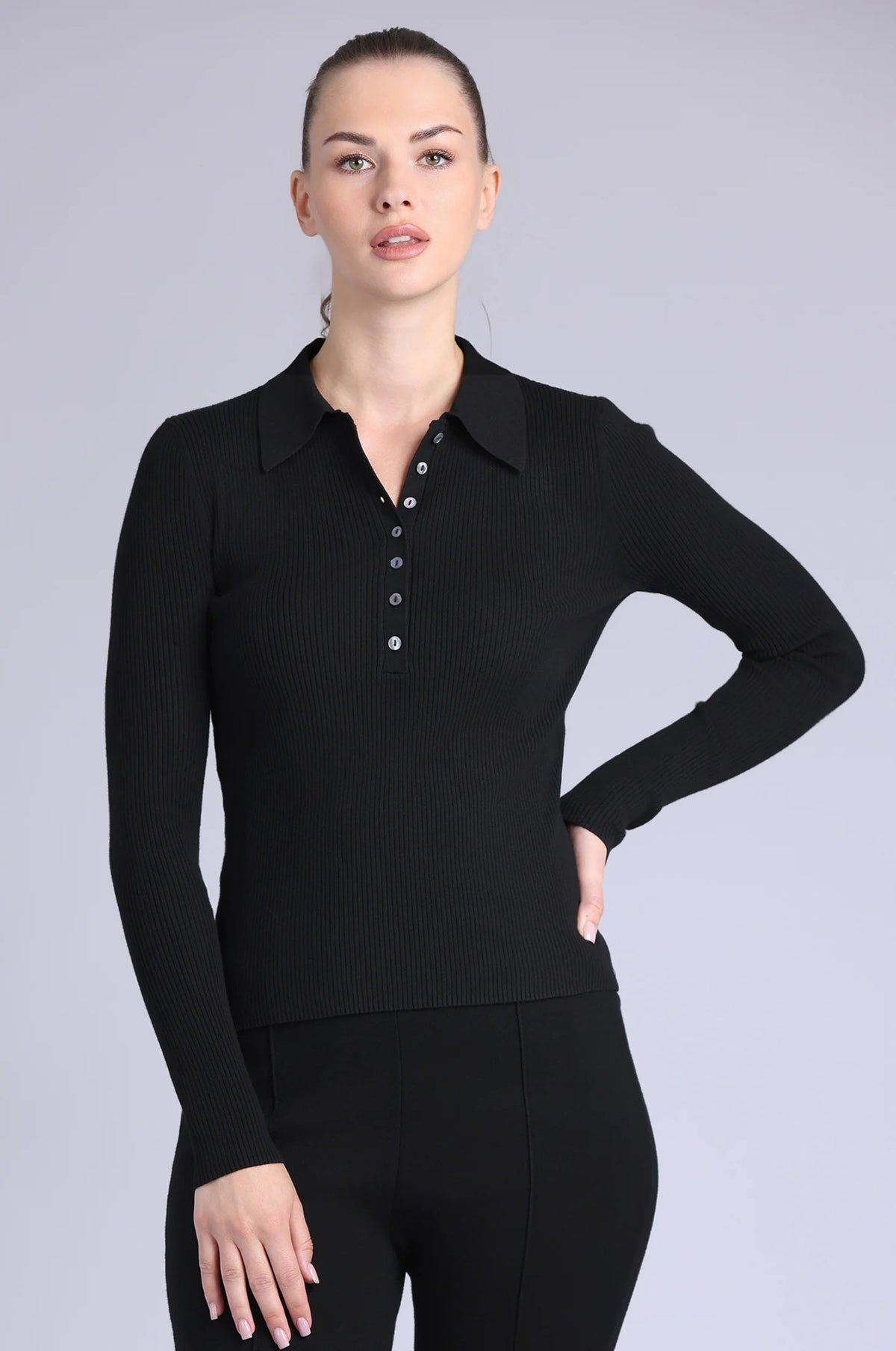 minnie rose ribbed collared henley black