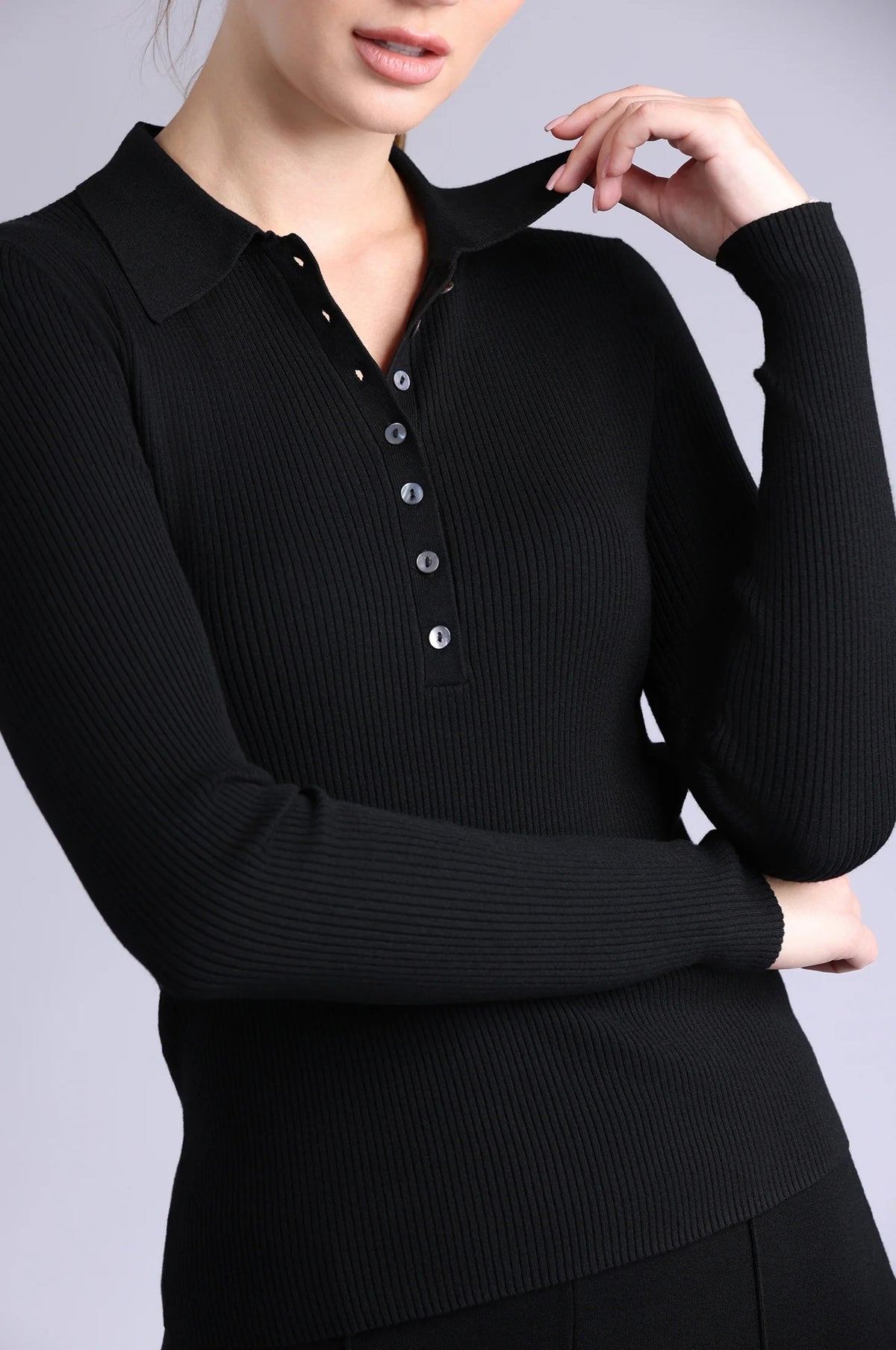 minnie rose ribbed collared henley black