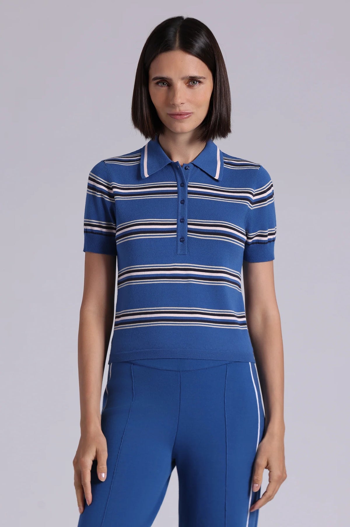 minnie rose short sleeve striped polo cosmic blue combo
