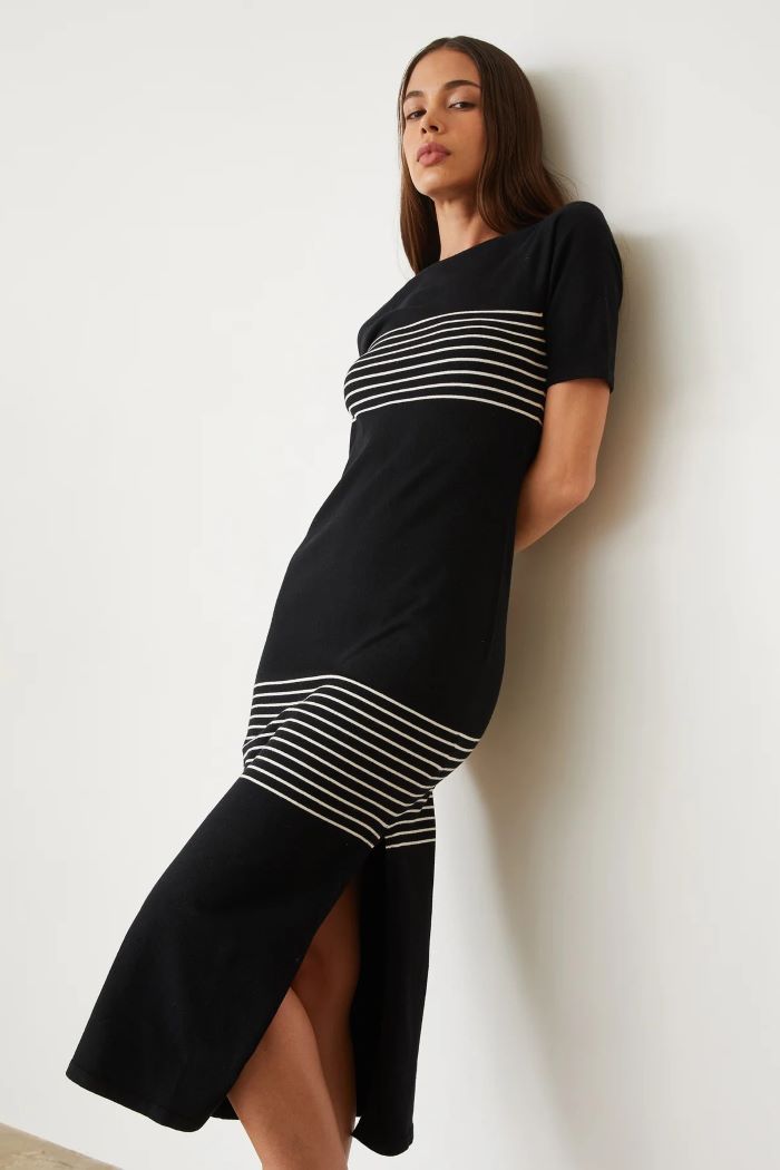 monrow light soft knit stripe dress black 