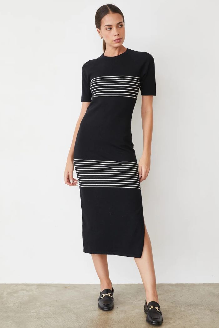 monrow light soft knit stripe dress black 