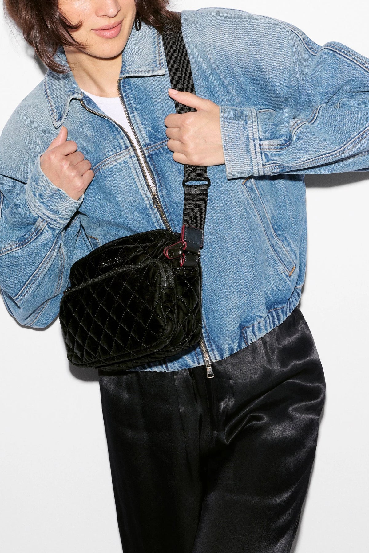 mz wallace black velvet small metro camera crossbody