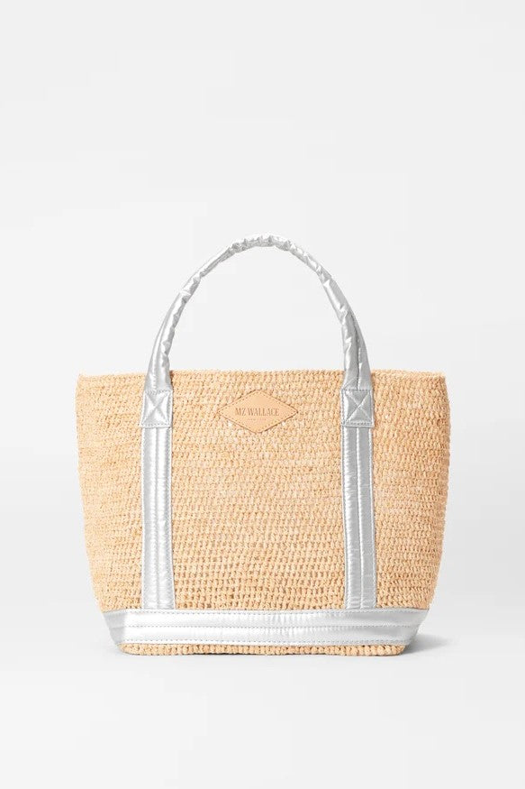 mz wallace matte silver small raffia tote