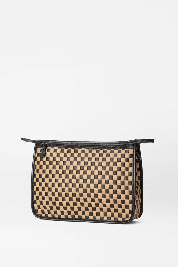 mz wallace camel and black woven metro clutch