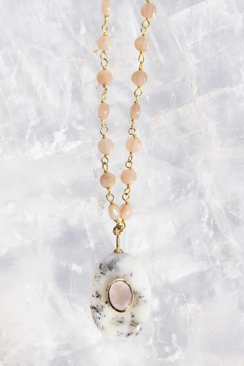 native gem amulet necklace dendritic opal peach moonstone