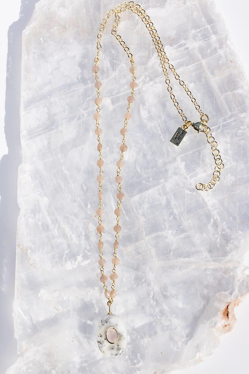 native gem amulet necklace dendritic opal peach moonstone