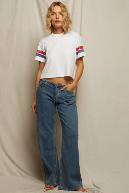 perfectwhitetee lexi white with navy and poppy stripes