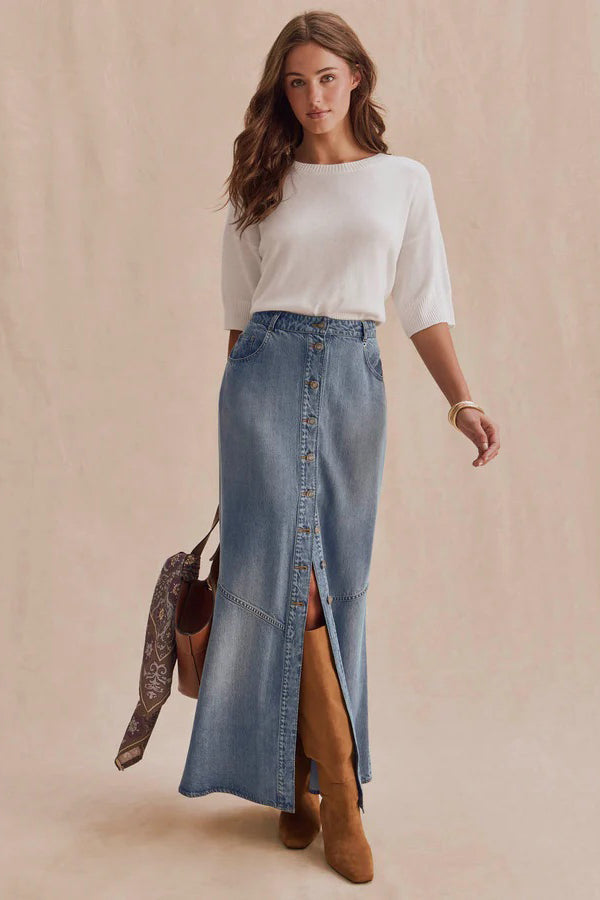 splendid lounge denim front slit skirt indigo