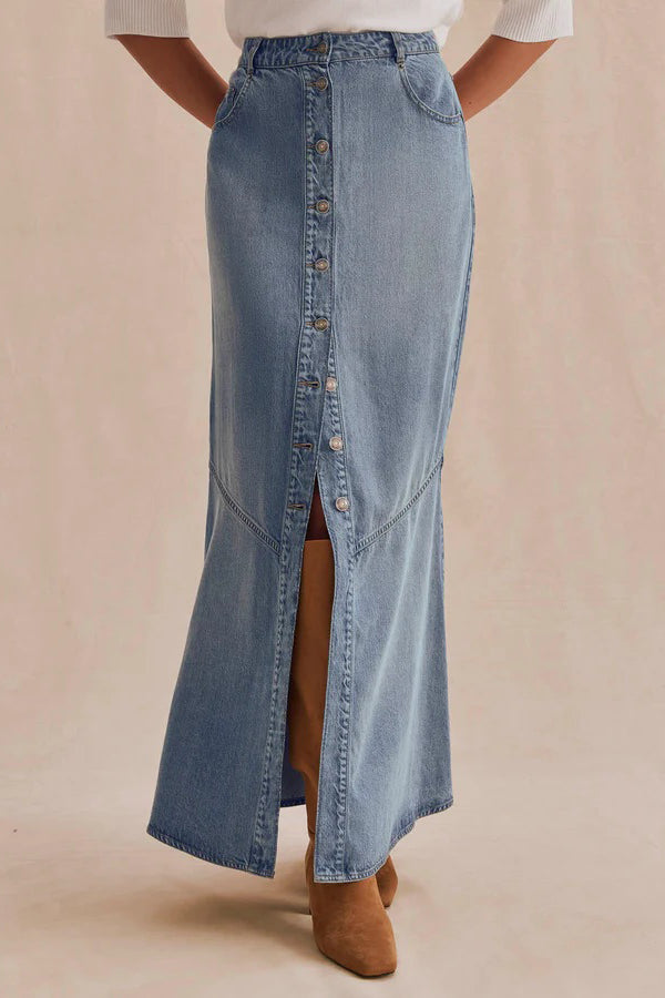 splendid lounge denim front slit skirt indigo