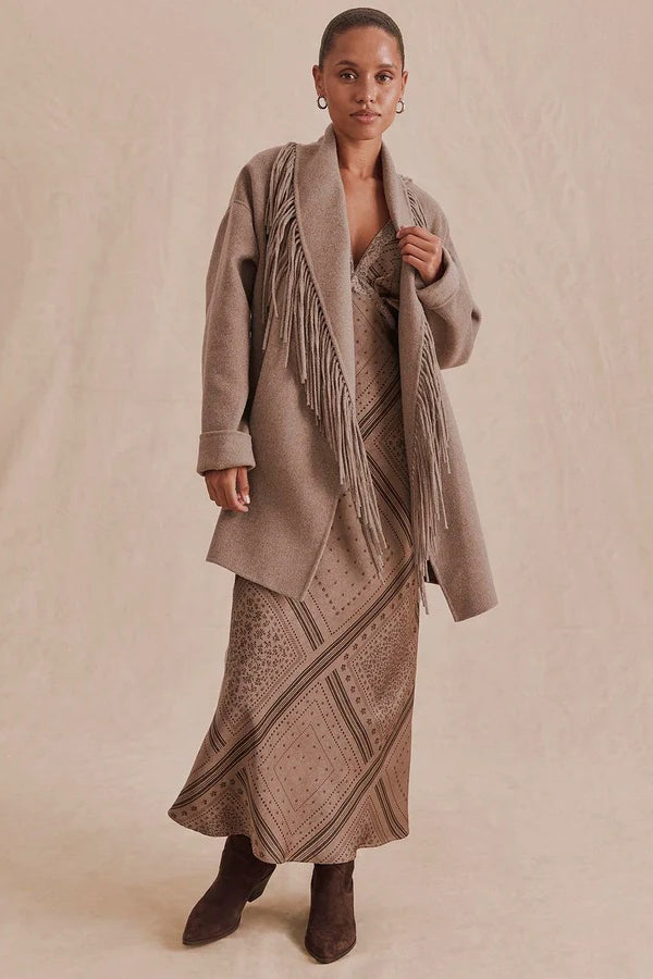 splendid sandra fringe jacket taupe grey