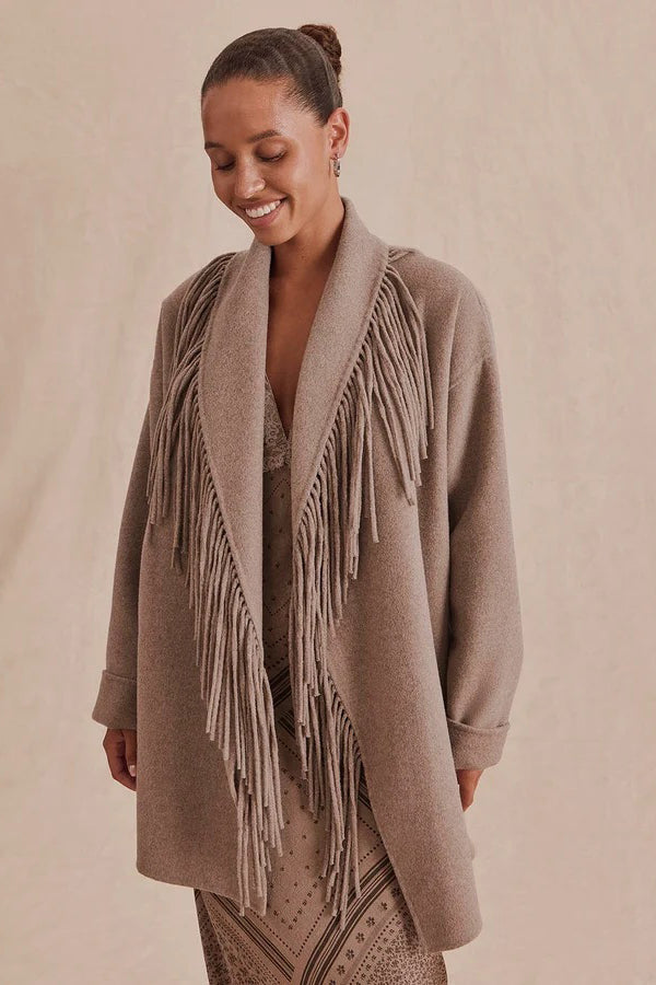 splendid sandra fringe jacket taupe grey