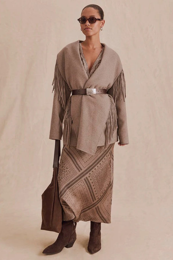 splendid sandra fringe jacket taupe grey