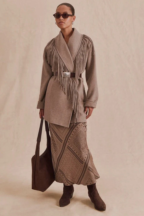 splendid sandra fringe jacket taupe grey