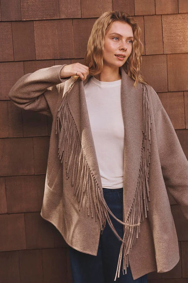 splendid sandra fringe jacket taupe grey