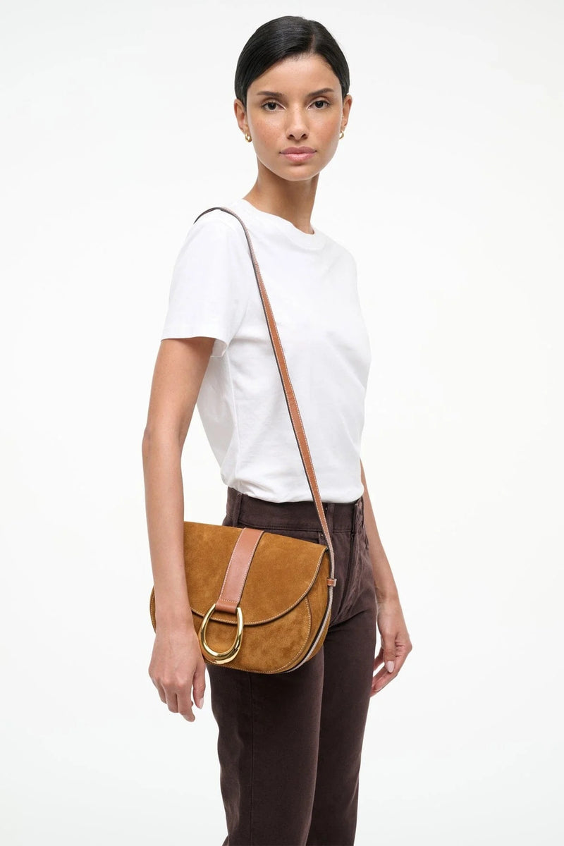 staud bella saddle bag tan suede