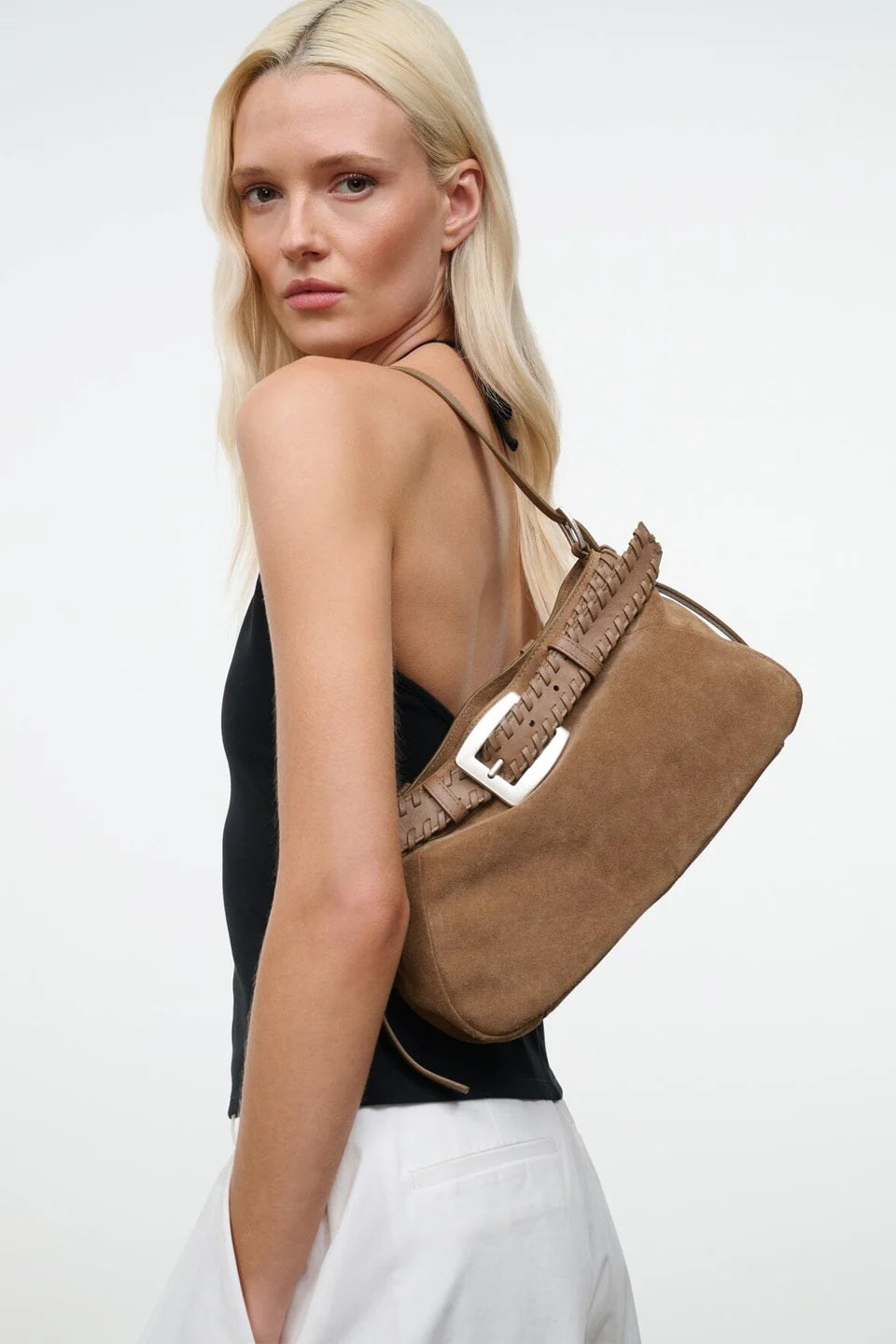 staud brooklyn shoulder bag husk suede