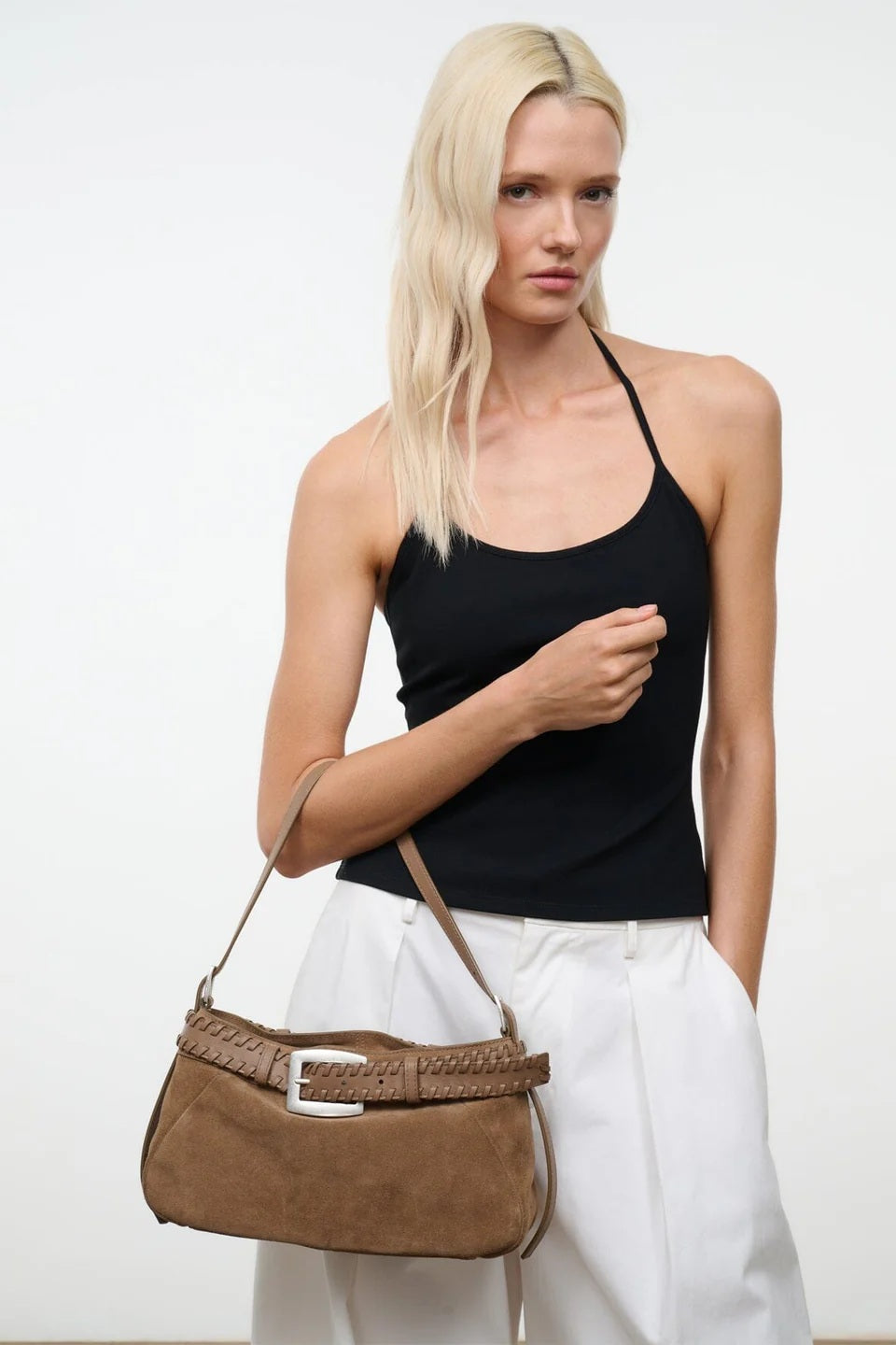 staud brooklyn shoulder bag husk suede