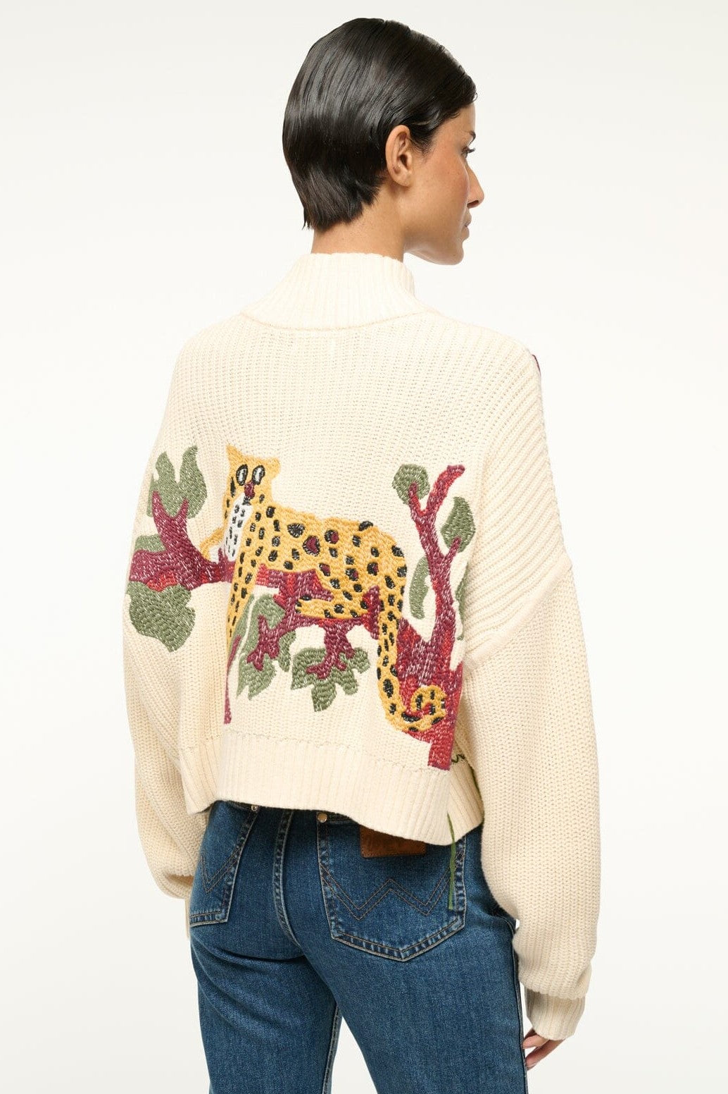 staud cropped hampton sweater jungle leopard