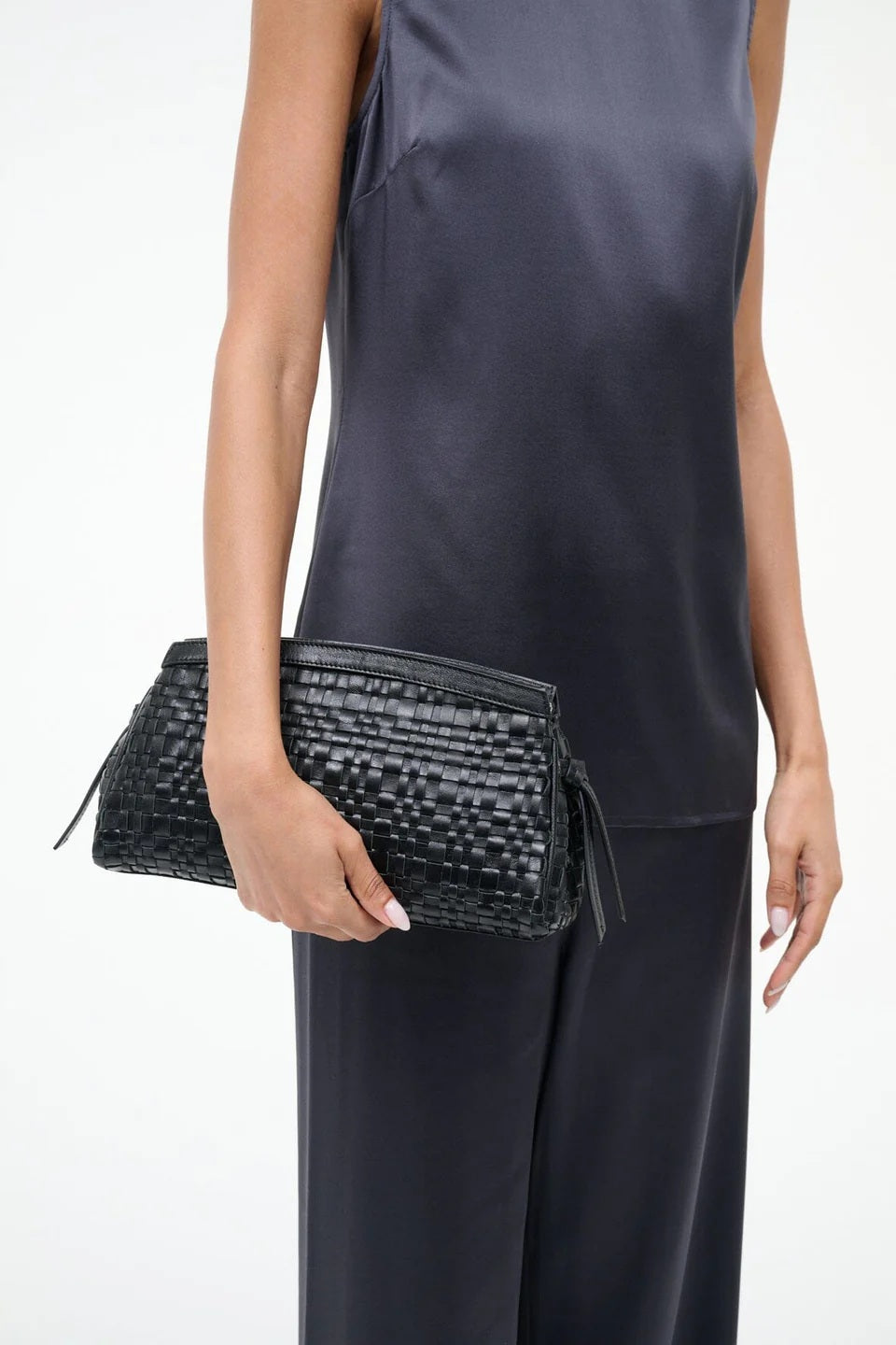 staud maude convertible clutch black woven leather
