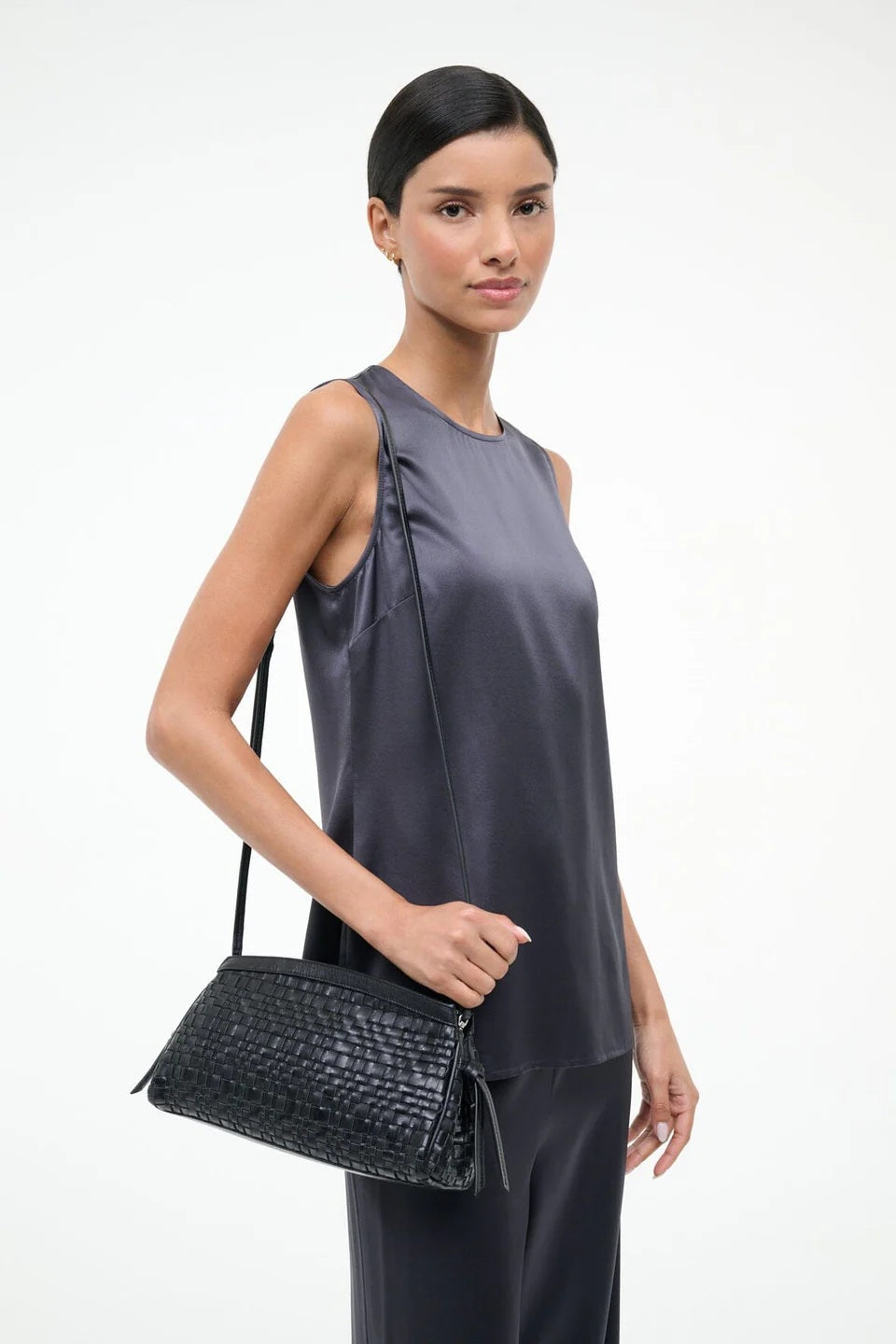 staud maude convertible clutch black woven leather