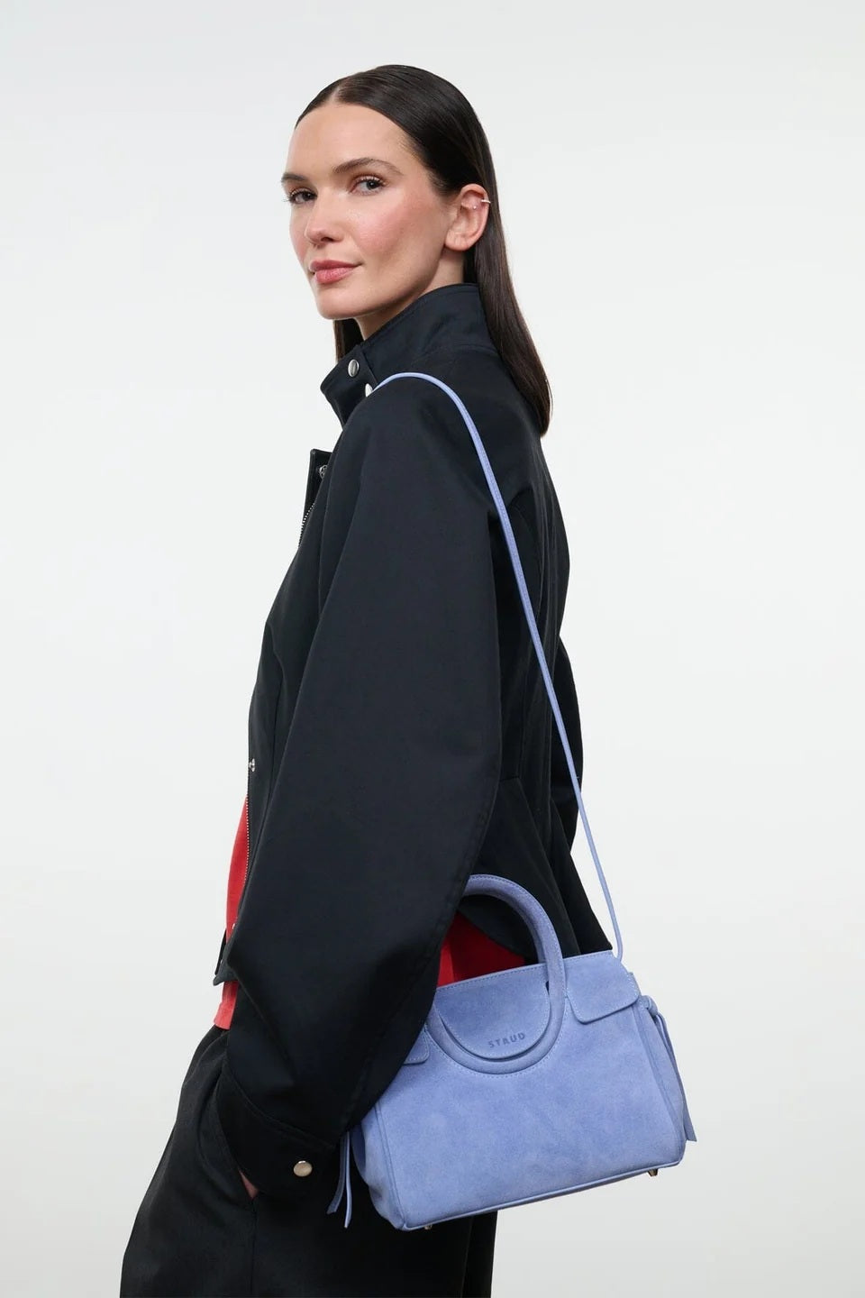 staud maude mini carryall cielo suede