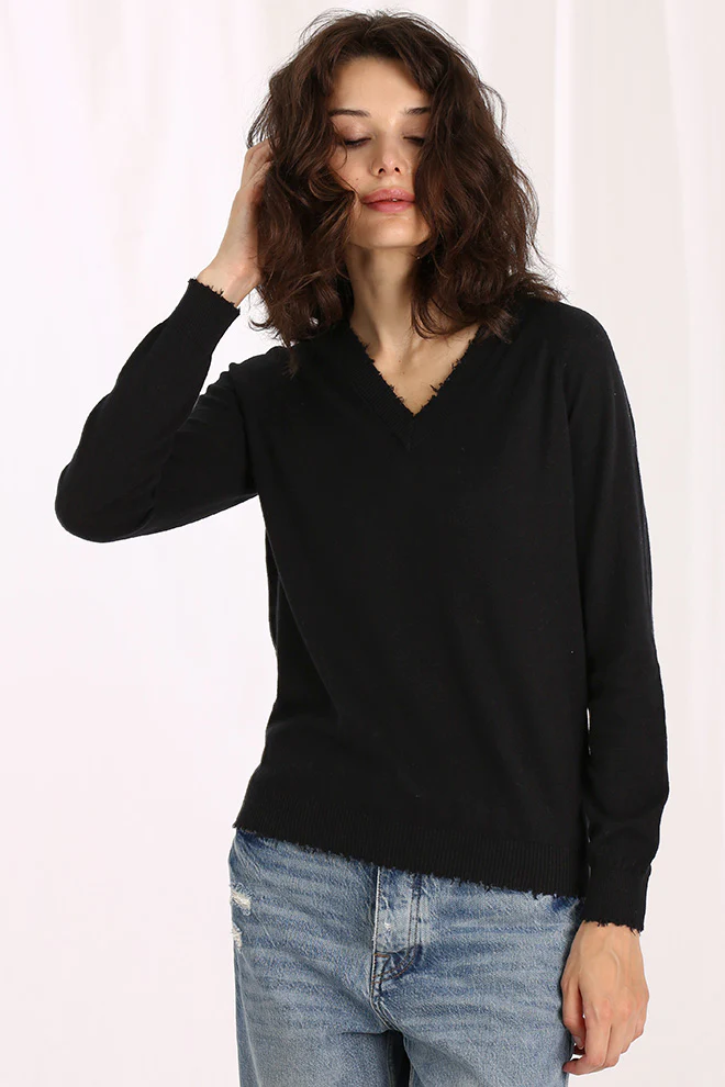 minnie rose cotton/cashmere distressed v black