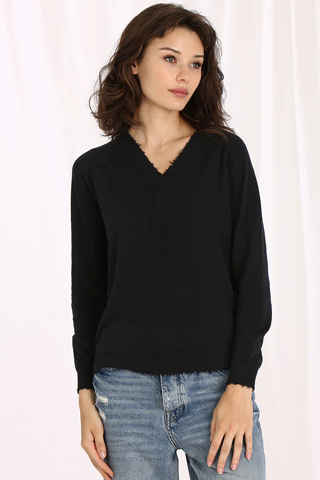 minnie rose cotton/cashmere distressed v black